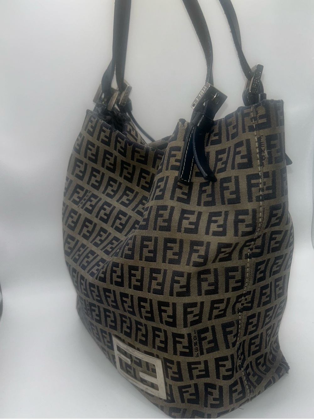 Fendi Vintage FF Zucca Jacquard Tote Bag Blue Leather Trim - Picture 3 of 10